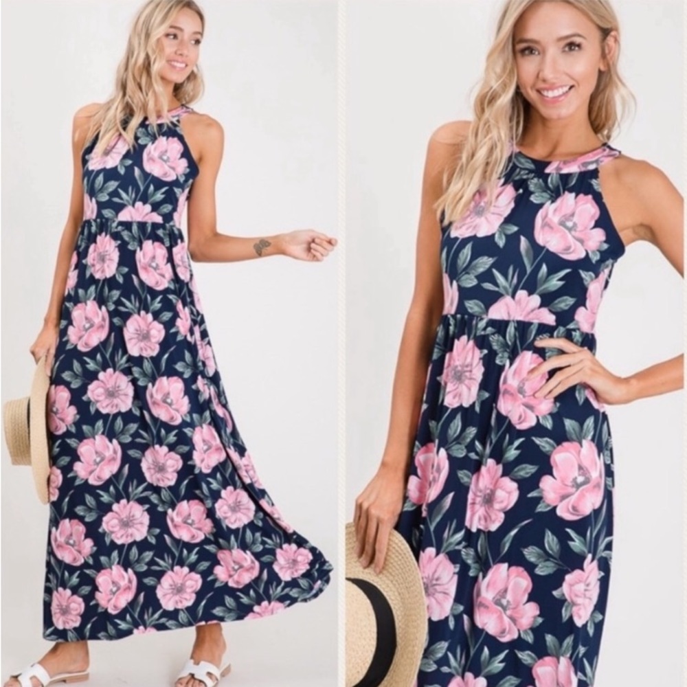 BLUE FLORAL PRINT SUN MAXI DRESS